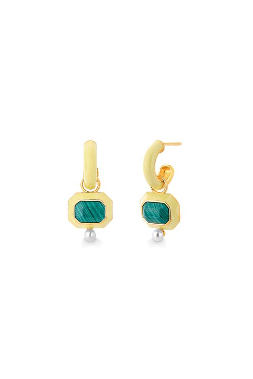 Brinco Nouveau - Esmalte Areia, Malaquita e Pérola - Coleção Inéditos Janeiro Banho: Folheado a Ouro