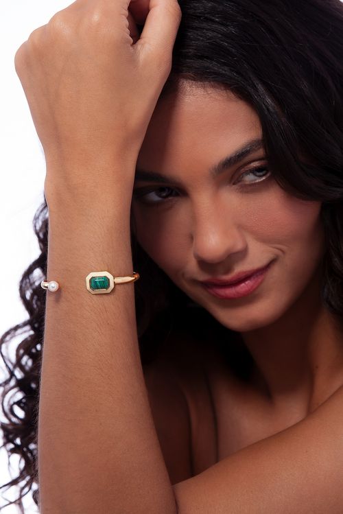 Pulseira Nouveau - Esmalte Areia, Malaquita e Pérola - Coleção Inéditos Janeiro Banho: Folheado a Ouro