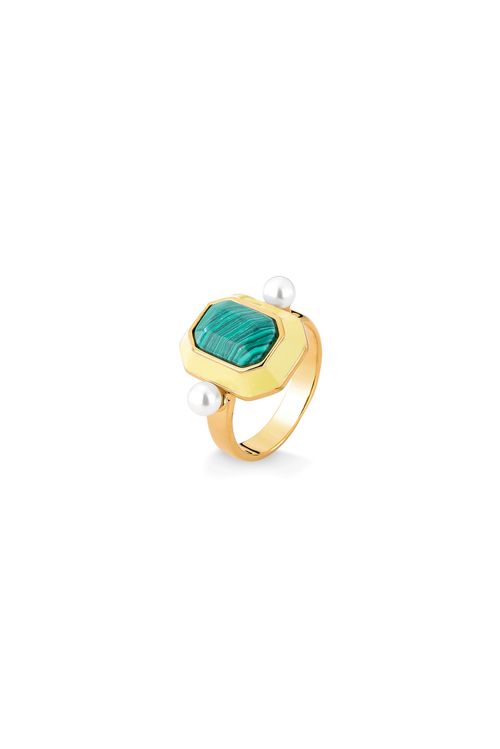 Anel Oldie -  Esmalte Areia, Malaquita e Pérola - Coleção Inéditos Janeiro Banho: Folheado a Ouro