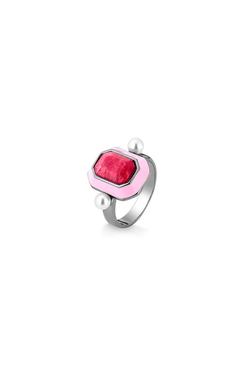 Anel Oldie -  Esmalte Rosa, Feldspato Vermelho e Pérola - Coleção Inéditos Janeiro Banho: Ródio Negro