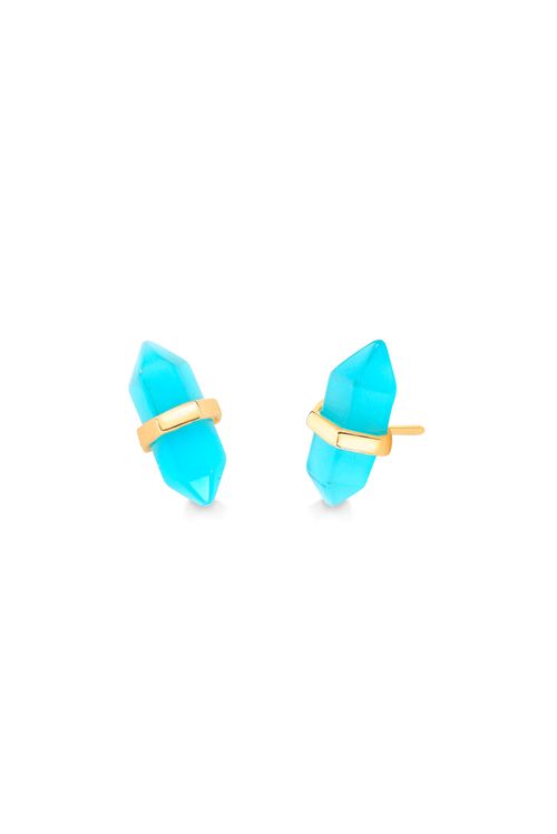Brinco Petit Pierre B - Ágata Azul - Coleção Acquarella Banho: Folheado a Ouro