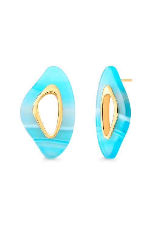 Brinco Atração M - Ágata Azul Listrada - Coleção Reflexo Banho: Folheado a Ouro
