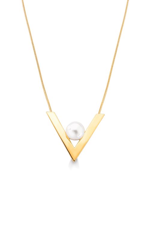 Colar Blanc V - Pérola - Coleção Blanc Banho: Folheado a Ouro
