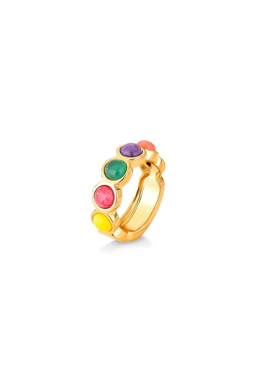 Anel Aliancinha M - Ágata Verde, Feldspato Laranja e Vermelho, Haulita Roxa e Quartzo Amarelo - Coleção Daily Banho: Folheado a Ouro