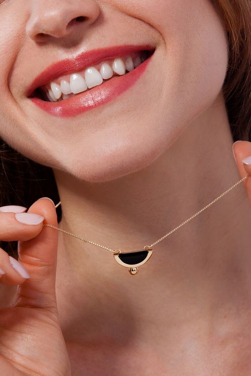 Colar Crescente - Obsidiana Preta - Coleção Drops Banho: Folheado a Ouro