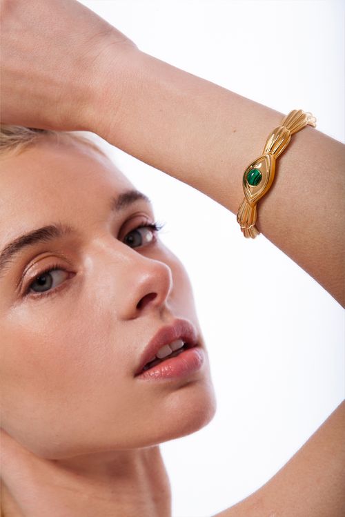 Bracelete Dora - Malaquita - Coleção SurreABISMO Cristalino Banho: Folheado a Ouro