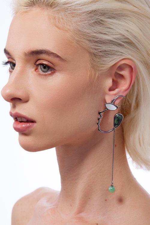 Brinco Face - Esmeralda e Espelho - Coleção Reflexo Banho: Ródio Negro