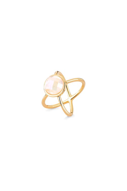Anel Abstrato - Quartzo Branco Holográfico - Coleção Essential Banho: Folheado a Ouro