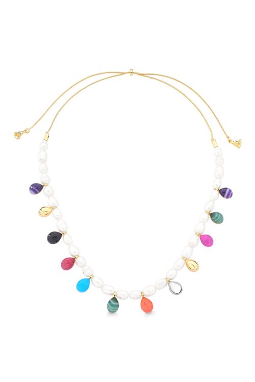 Colar Balloon Gems - Ág. Cz e Roxa, Obsidiana, Felds. Vm, Haulita Turq., Laranja e Pink e  Ág. Vd - Coleção Viva Essa Festa Banho: Folheado a Ouro