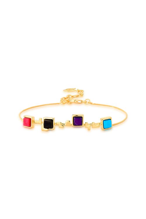 Pulseira Tudo Se Encaixa - Feldspato Vm, Haulita Roxa e Turquesa, Malaquita e Obsidiana Preta - Coleção Tudo Se Encaixa Banho: Folheado a Ouro