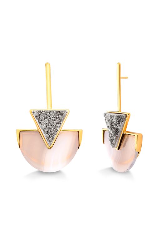 Brinco Line Triangle - Ágata Cinza Listrada e Drusa Metalizada - Coleção Geometric Banho: Folheado a Ouro