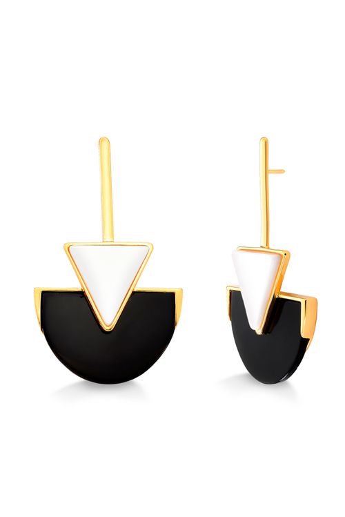 Brinco Line Triangle - Porcelana Branca e Obsidiana Preta - Coleção Geometric Banho: Folheado a Ouro