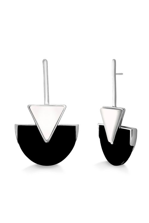 Brinco Line Triangle - Porcelana Branca e Obsidiana Preta - Coleção Geometric Banho: Ródio Negro