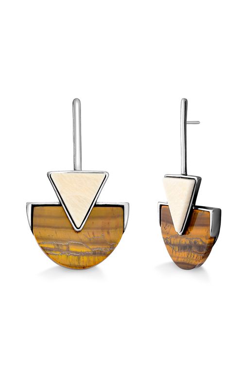 Brinco Line Triangle - Feldspato Natural e Olho de Tigre - Coleção Geometric Banho: Ródio Negro