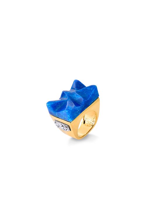 Anel Krypton Bold - Quartzo Azul Anil e Drusa Metalizada - Coleção Krypton Banho: Folheado a Ouro