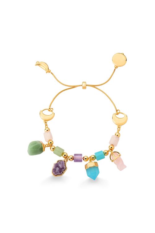Pulseira Natureza Feminina - Ametista, Ágata Azul, Quartzo Rosa e Verde - Coleção Dia da Mulher Banho: Folheado a Ouro