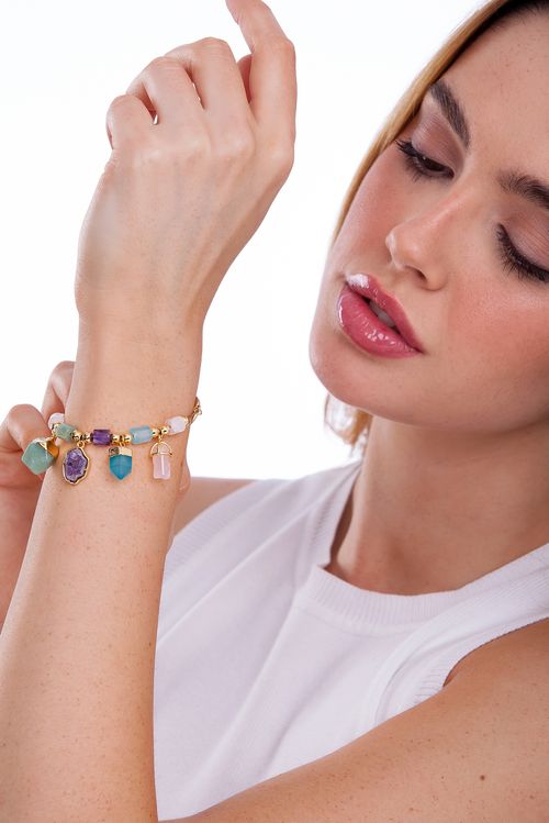 Pulseira Natureza Feminina - Ametista, Ágata Azul, Quartzo Rosa e Verde - Coleção Dia da Mulher Banho: Folheado a Ouro
