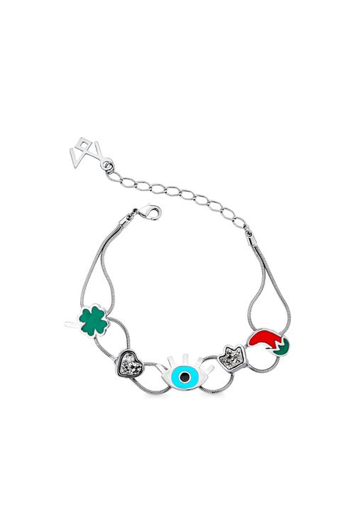Pulseira Amuleto - Drusa Metalizada, Esmalte Azul Céu, Vermelho e Verde - Coleção Ícones Banho: Ródio Negro