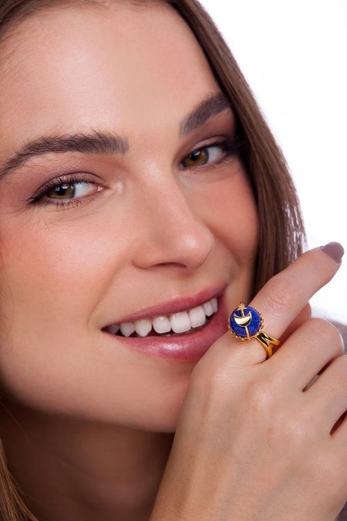 Anel Ying Yang - Quartzo Azul Anil - Coleção Conexão Banho: Folheado a Ouro