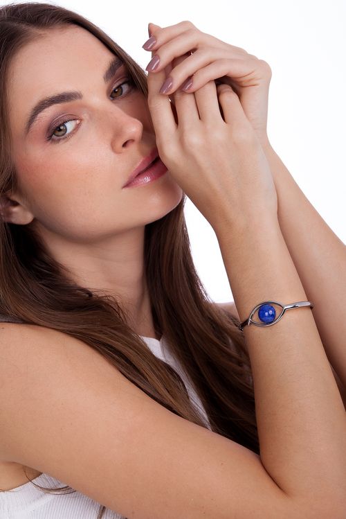 Pulseira Olho - Quartzo Azul Anil - Coleção Ícones Banho: Ródio Negro