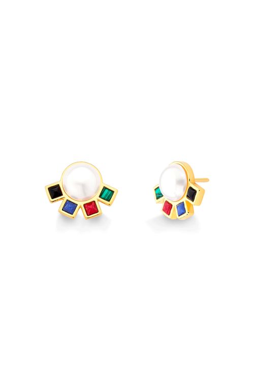 Brinco Blanc Small - Feldspato Vermelho, Pérola, Malaquita e Obsidiana Preta - Coleção Blanc Banho: Folheado a Ouro