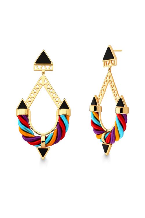 Brinco Frida - Obsidiana Preta, Cordão Laranja, Roxo, Turquesa e Vermelho - Coleção Viva la Vida Banho: Folheado a Ouro
