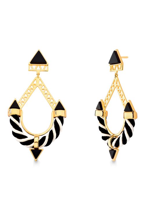 Brinco Frida - Obsidiana Preta, Cordão Branco e Preto - Coleção Viva la Vida Banho: Folheado a Ouro