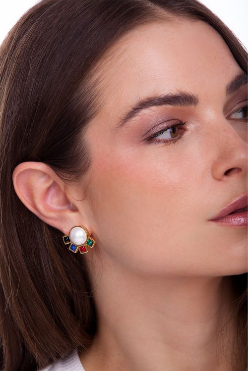 Brinco Blanc Small - Feldspato Vermelho, Pérola, Malaquita e Obsidiana Preta - Coleção Blanc Banho: Folheado a Ouro