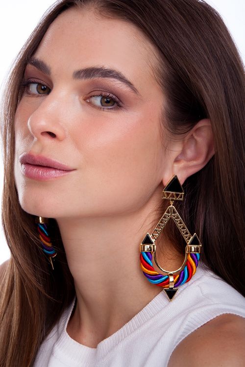 Brinco Frida - Obsidiana Preta, Cordão Laranja, Roxo, Turquesa e Vermelho - Coleção Viva la Vida Banho: Folheado a Ouro