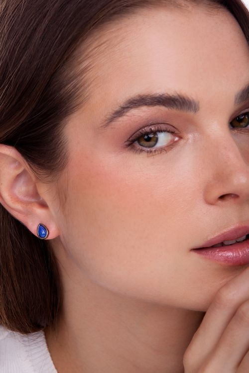 Brinco Petit Gota - Quartzo Azul Anil – Coleção Daily Banho: Ródio Negro