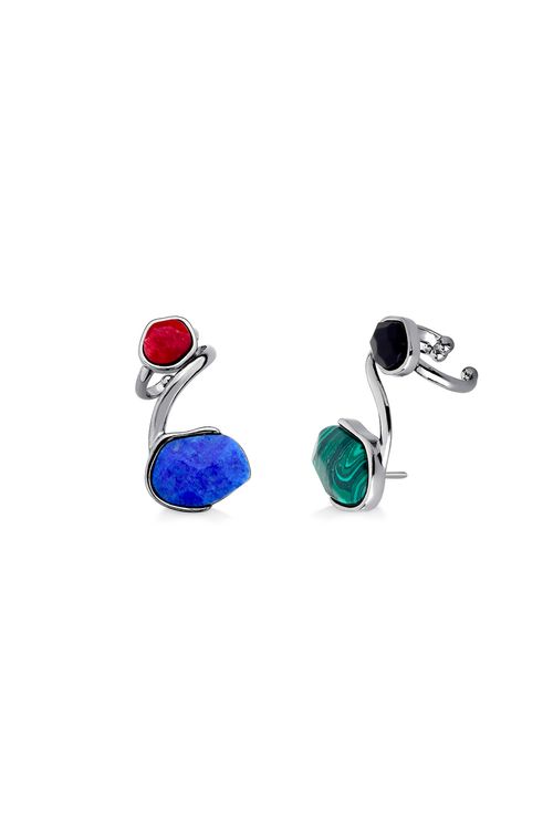 Brinco Verso - Feldspato Vermelho, Malaquita, Obsidiana Preta e Quartzo Azul Anil - Coleção TRAJEtos Banho: Ródio Negro