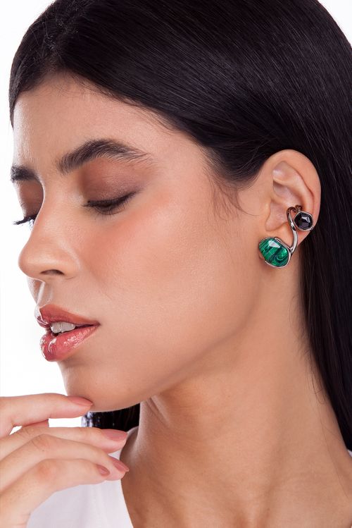 Brinco Verso - Feldspato Vermelho, Malaquita, Obsidiana Preta e Quartzo Azul Anil - Coleção TRAJEtos Banho: Ródio Negro