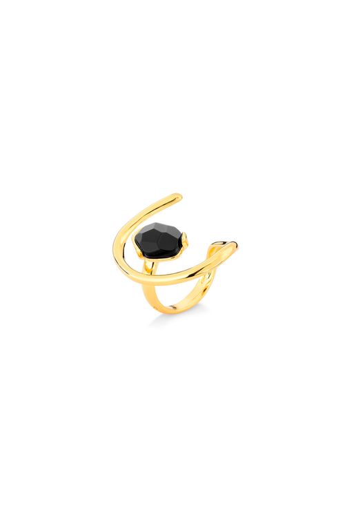 Anel Verso - Obsidiana Preta - Coleção TRAJEtos Banho: Folheado a Ouro