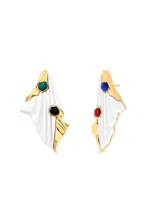 Brinco Fluidez - Feldspato Vermelho, Malaquita, Obsidiana Preta, Quartzo Azul Anil e Resina Branca - Coleção TRAJEtos Banho: Folheado a Ouro