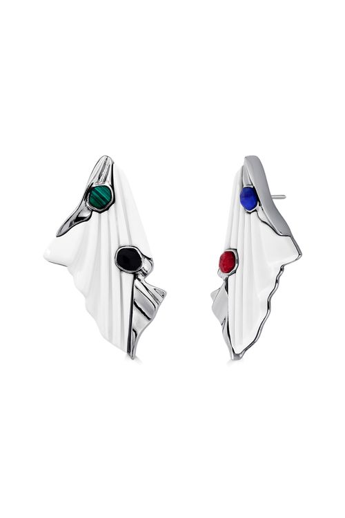 Brinco Fluidez - Feldspato Vermelho, Malaquita, Obsidiana Preta, Quartzo Azul Anil e Resina Branca - Coleção TRAJEtos Banho: Ródio Negro