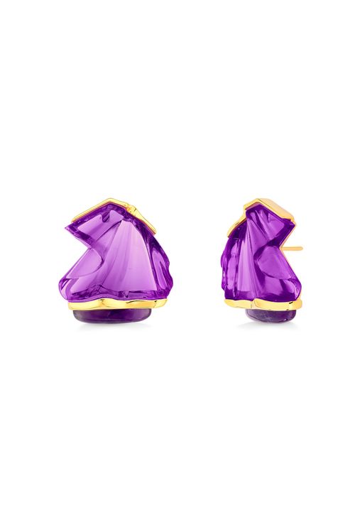 Brinco Êxtase M - Ametista e Resina Lilás - Coleção TRAJEtos Banho: Folheado a Ouro