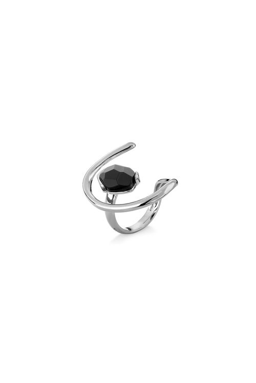 Anel Verso - Obsidiana Preta - Coleção TRAJEtos Banho: Ródio Negro