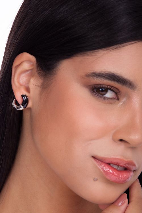 Brinco Vínculo P - Obsidiana Preta - Coleção TRAJEtos Banho: Ródio Negro