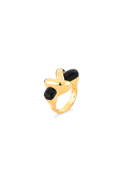 Anel  Enlevo - Obsidiana Preta - Coleção TRAJEtos Banho: Folheado a Ouro