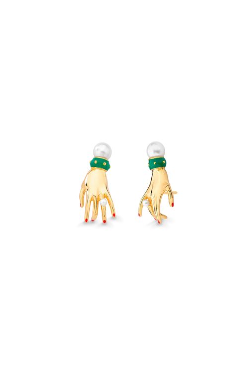 Brinco Inès - Pérola e Esmalte Verde - Coleção Mademoiselle Banho: Folheado a Ouro