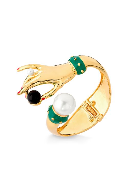 Pulseira Inès - Obsidiana Preta, Pérola e Esmalte Verde - Coleção Mademoiselle Banho: Folheado a Ouro