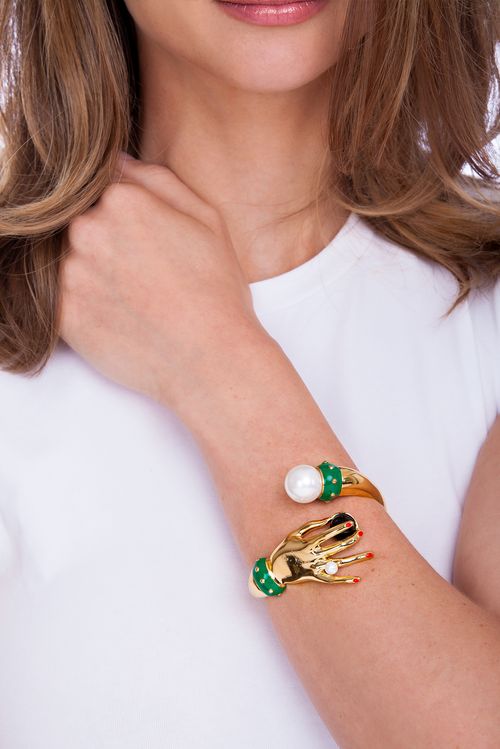 Pulseira Inès - Obsidiana Preta, Pérola e Esmalte Verde - Coleção Mademoiselle Banho: Folheado a Ouro