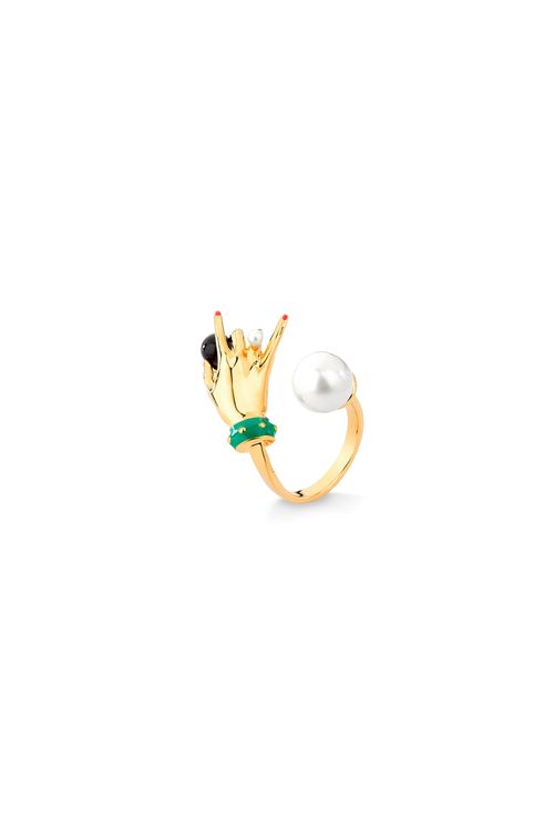 Anel Inès - Obsidiana Preta, Pérola e Esmalte Verde - Coleção Mademoiselle Banho: Folheado a Ouro