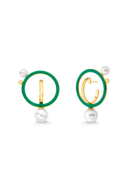 Brinco Louise - Pérola e Esmalte Verde - Coleção Mademoiselle Banho: Folheado a Ouro