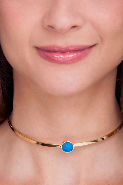 Colar Choker Princesa - Haulita Turquesa - Coleção Essential Banho: Folheado a Ouro