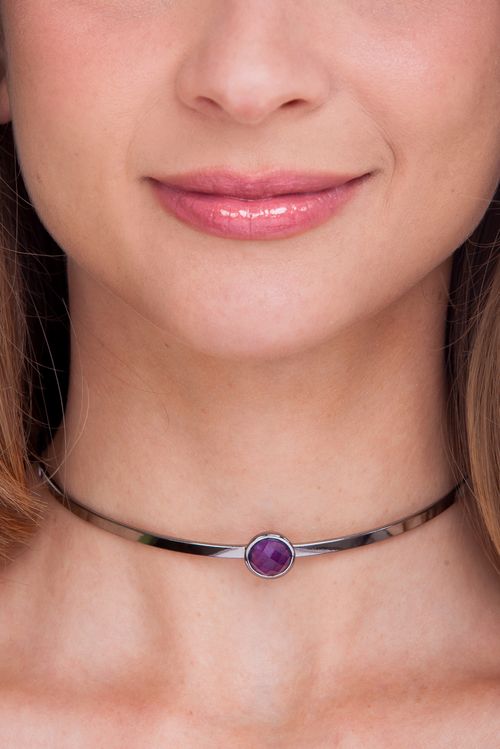 Colar Choker Princesa - Ametista - Coleção Essential Banho: Ródio Negro