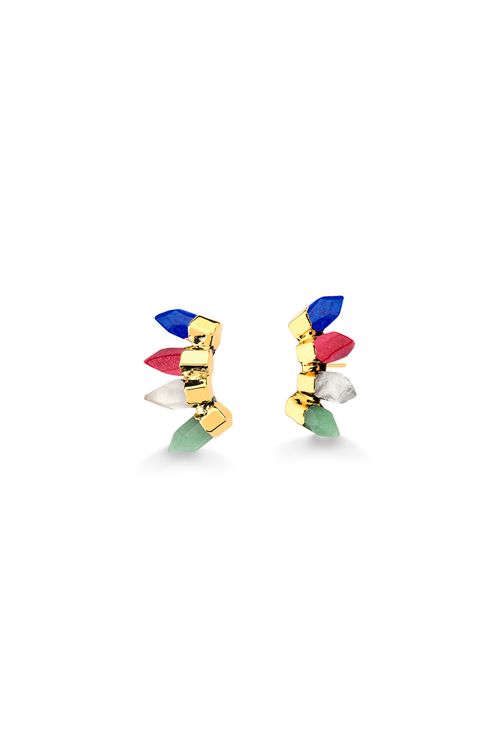 Brinco Sensibilidade - Cristal, Feldspato Vermelho, Quartzo Azul Anil e Verde - Coleção Alma Banho: Folheado a Ouro