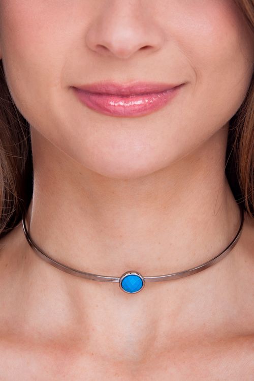 Colar Choker Princesa - Haulita Turquesa - Coleção Essential Banho: Ródio Negro