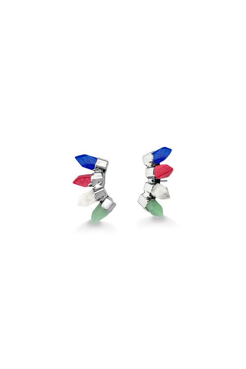 Brinco Sensibilidade - Cristal, Feldspato Vermelho, Quartzo Azul Anil e Verde - Coleção Alma Banho: Ródio Negro