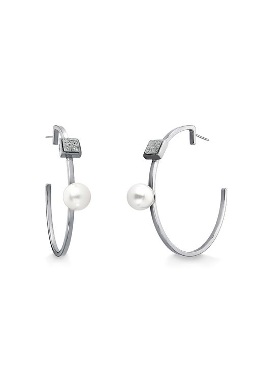 Brinco Argola Blanc - Pérola e Drusa Metalizada - Coleção Blanc Banho: Ródio Negro